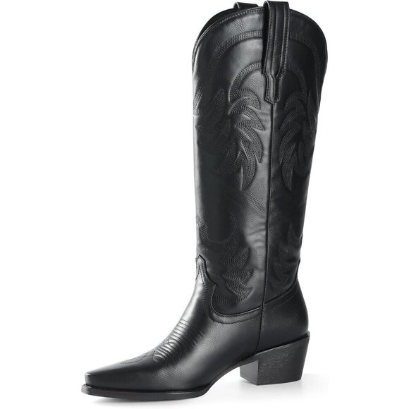 Shoes - Women Pu Midnight Black Knee High Pointed Toe Block Heel Cowboy Western Boots